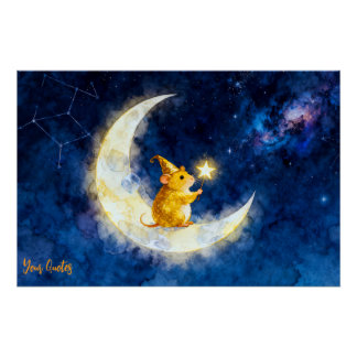 Poster Hamster doré sur croissant de lune aquarelle