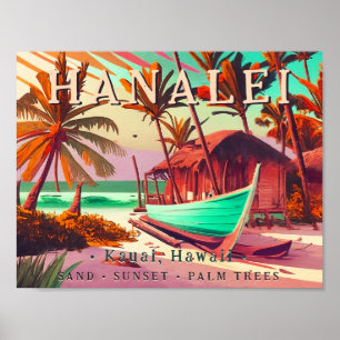 Poster Hanalei Kauai Hawaii soleil couchant tropical palm