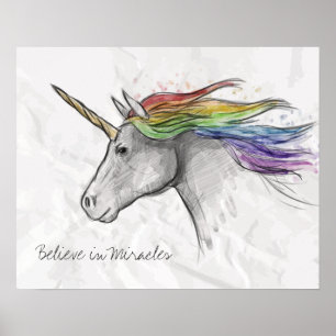 Poster Hand Drawn Magical Unicorn. Believe in Miracles.