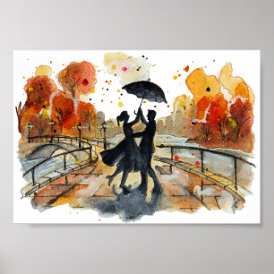 Poster Hand Painted Autumn City Couple Silhouette Art