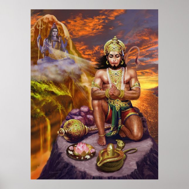 Poster Hanuman reçoit les bénédictions de Shiva (Devant)