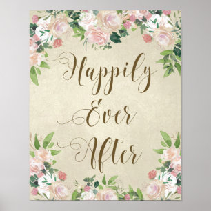 Poster happily ever after vintage roses wedding sign