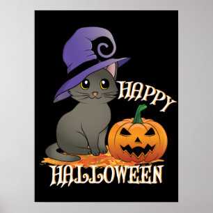 Poster Happpy Halloween Chat avec Citrouille
