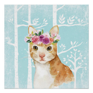 Poster Happy Animal avec Fleurs en Blue Forest-Cat Kitty