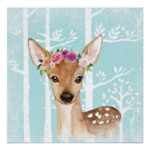 Poster Happy Animal avec Fleurs en Forêt Bleue-Cerf