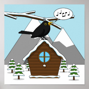Poster Happy Blackbird chanter dans le paysage hivernal