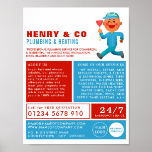 Poster Happy Cartoon Plumber, Plumber, Plumbing Advert