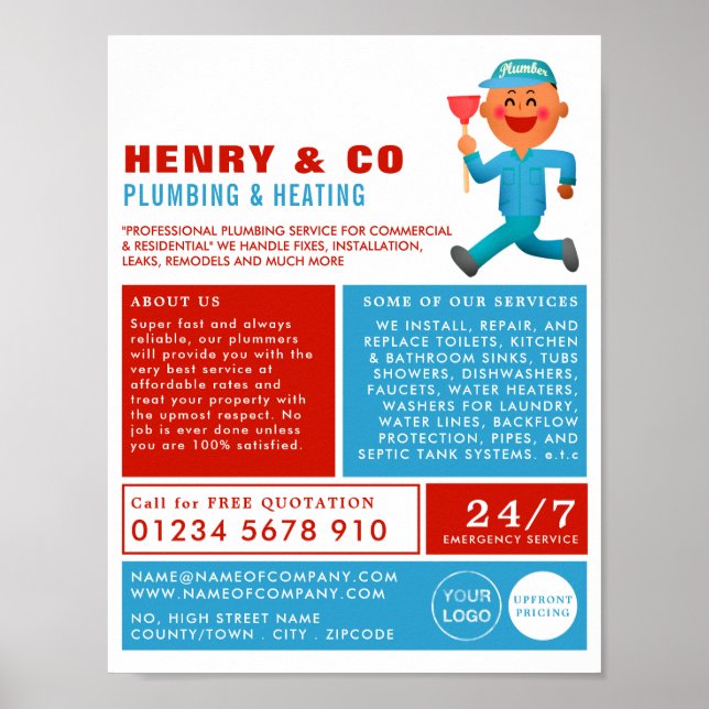 Poster Happy Cartoon Plumber, Plumber, Plumbing Advert (Devant)