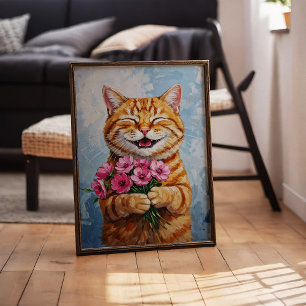Poster Happy Cat Donnant Un Bouquet Oster D'Art Mural