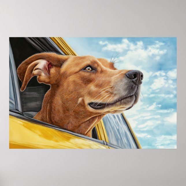 Poster Happy Dog in Yellow Car Art Print (Devant)