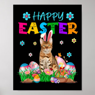 Poster Happy Easter Bunny Bengal Cat Hunting Eggs Colourf