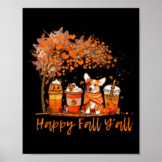 Poster Happy Fall Y'all Automne Corgi Halloween Citrouill (Devant)