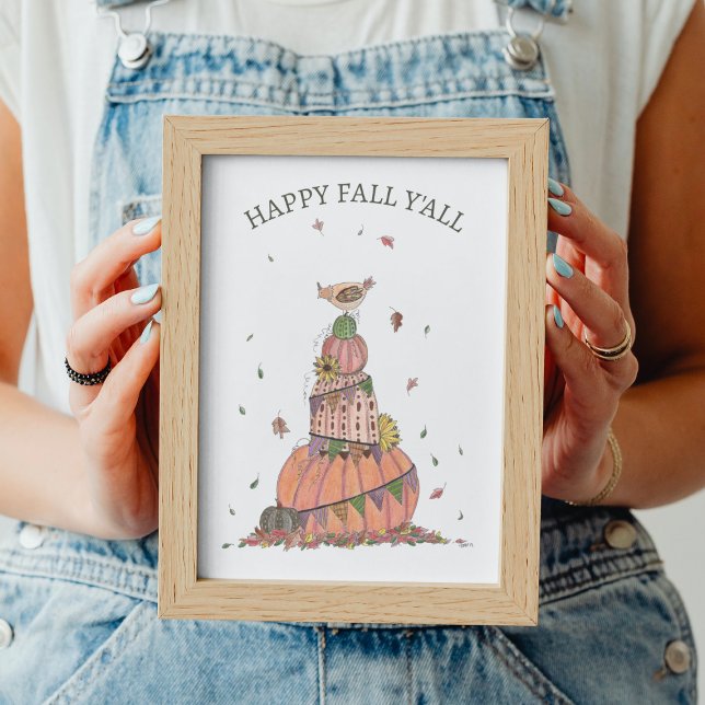 Poster Happy Fall Y'all Citrouilles et poulet saisonnier (Cute Fall Pumpkin Stack Art Printable)