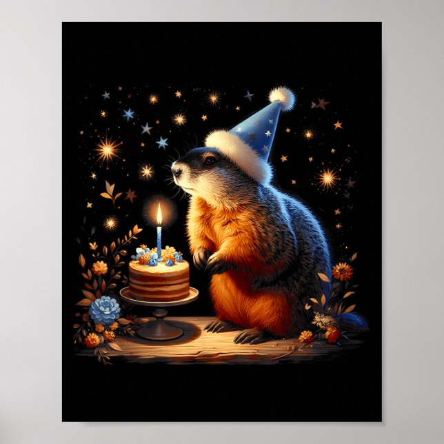 Poster Happy Groundhog Day Ground Hog With Birthday Cake  (Devant)