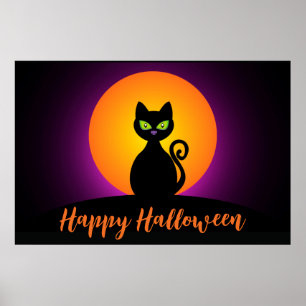 Poster Happy Halloween Black Cat and Moon