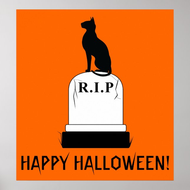 Poster Happy Halloween Chat sur Tombstone R.I.P. (Devant)