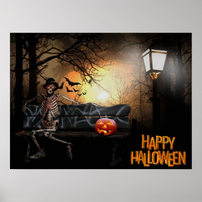 Poster Happy Halloween Drôle squelette Éffrayant sur le b (Devant)