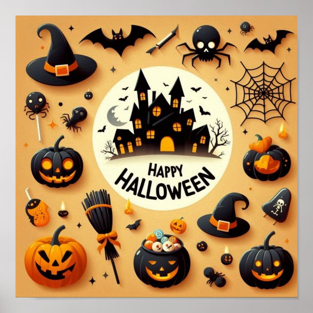 Poster Happy Halloween Fun Éffrayant Mix & Haunted House (Devant)