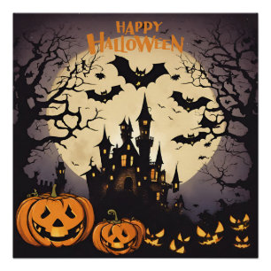 Poster Happy Halloween - Haunted House, Citrouilles et ch