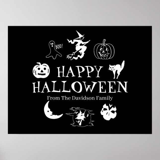 Poster Happy Halloween nom personnalisé noir éffrayant (Devant)