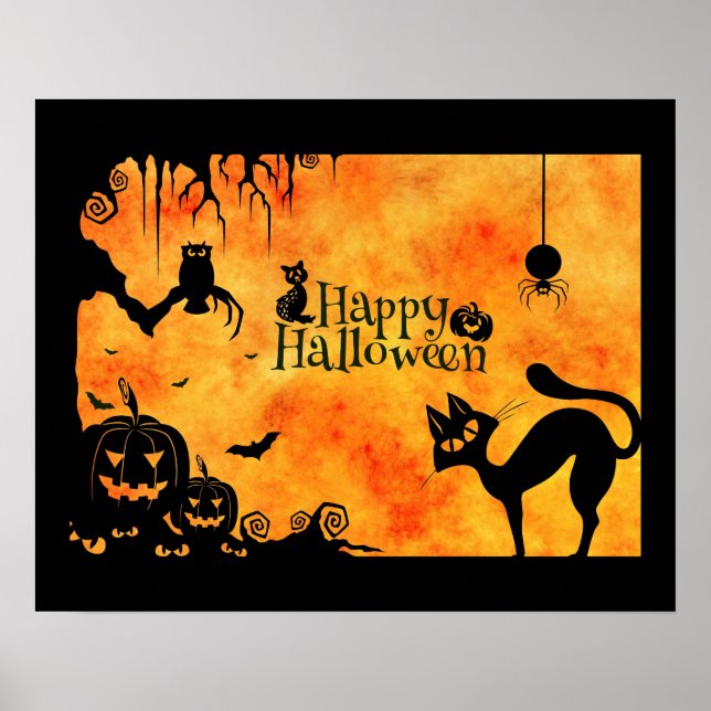 Poster Happy Halloween Silhouette Chat noir et amis (Devant)