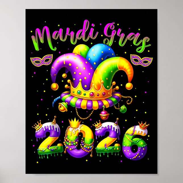 Poster Happy Mardi Gras 2026 Jester Hat New Orleans Men W (Devant)