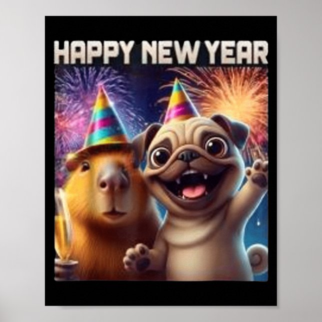 Poster Happy New Year 2026 Capybara Pug Party Art  (Devant)