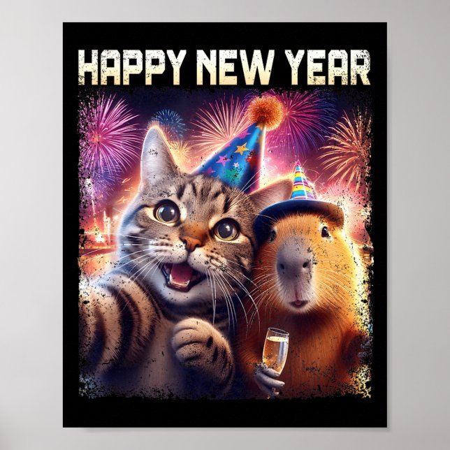 Poster Happy New Year 2026 Cute Cat Capybara Party Art  (Devant)