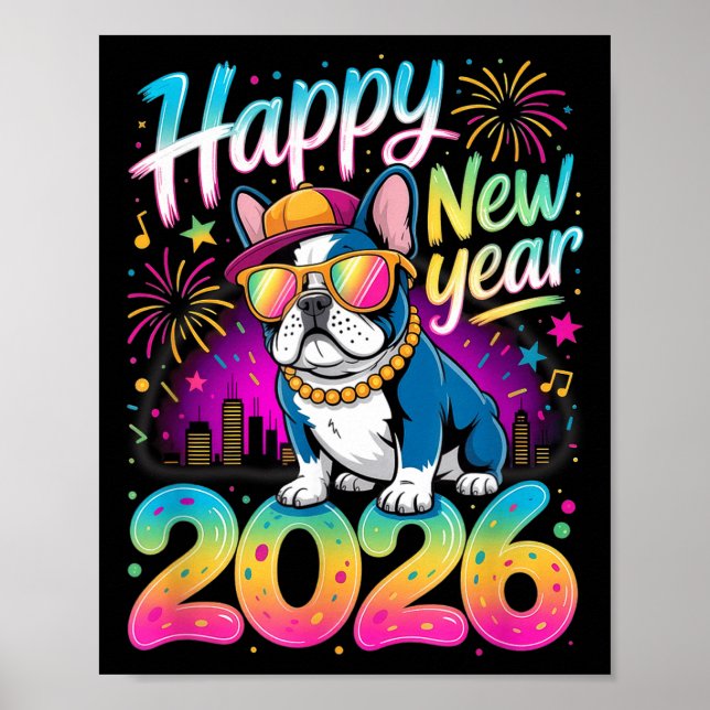 Poster Happy New Year 2026 French Bulldog Fireworks Party (Devant)