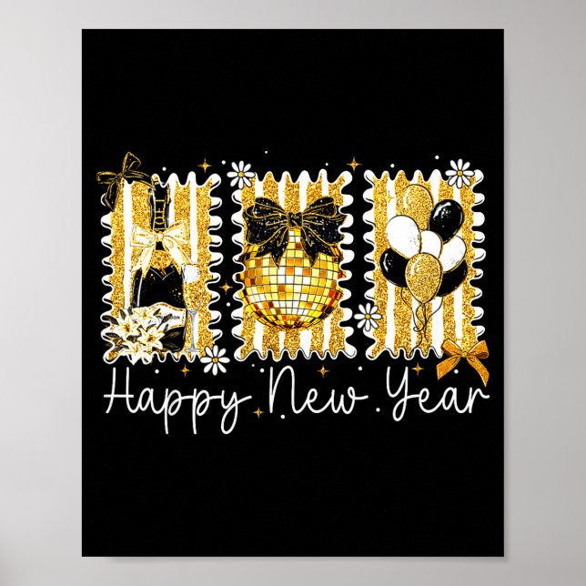 Poster Happy New Year 2026 Gold Coquette Bow Disco Ball C (Devant)