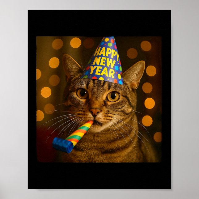 Poster Happy New Year Cat Funny Party Hat Feline Meme Cel (Devant)