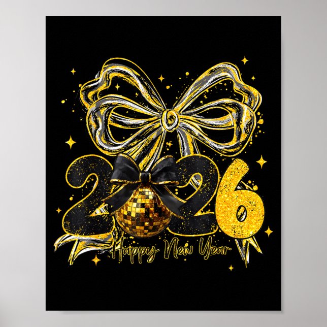 Poster Happy New Year Cute Gold Disco Ball Bow New Year's (Devant)