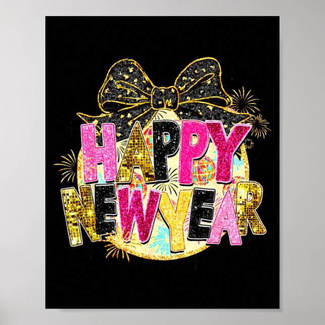Poster Happy New Year Disco Ball Coquette Bow New Years E (Devant)