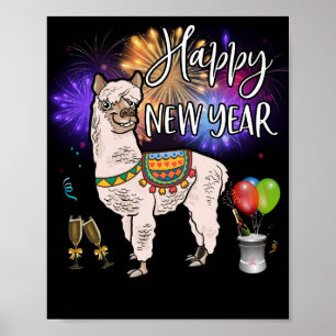 Poster Happy New Year Llama Alpaca Firework