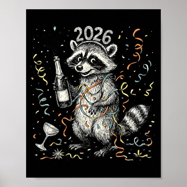 Poster Happy New Year Raccoon With Champagne Funny New Ye (Devant)
