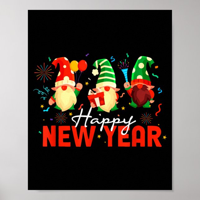 Poster Happy New Year Three Gnomes Fireworks Confetti Nye (Devant)