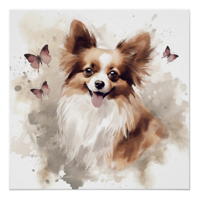 Poster Happy Papillon Dog Aquarelle (Devant)