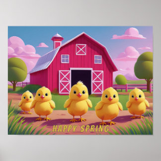 Poster Happy Spring Chicks in Barnyard