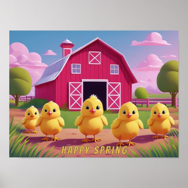 Poster Happy Spring Chicks in Barnyard (Devant)