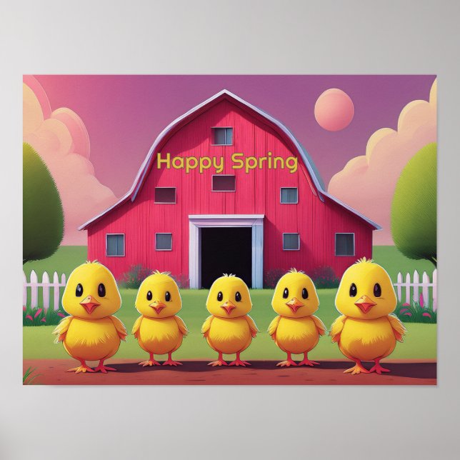 Poster Happy Spring Chicks in Barnyard (Devant)