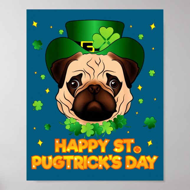 Poster Happy St Patricks Pugtricks Day Irish Pug Leprecha (Devant)