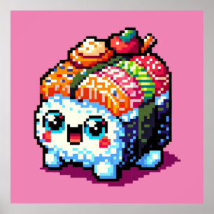 Poster Happy Sushi Roll - Cute Pixel Art Japonais Nourrit