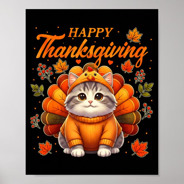 Poster Happy Thanksgiving Cat Turkey Day Autumn Fall Men  (Devant)