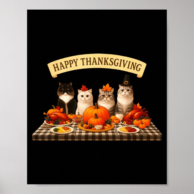 Poster Happy Thanksgiving Cats Dinner Feast Fall Men Wome (Devant)