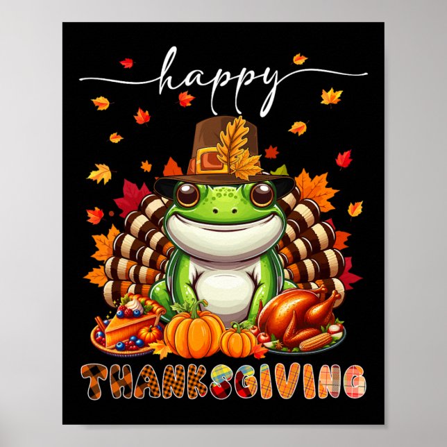 Poster Happy Thanksgiving Frog Costume Turkey Fall Leaves (Devant)