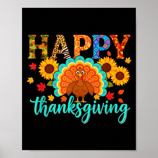 Poster Happy Thanksgiving Turkey &amp; Sunflower, Thanksg (Devant)