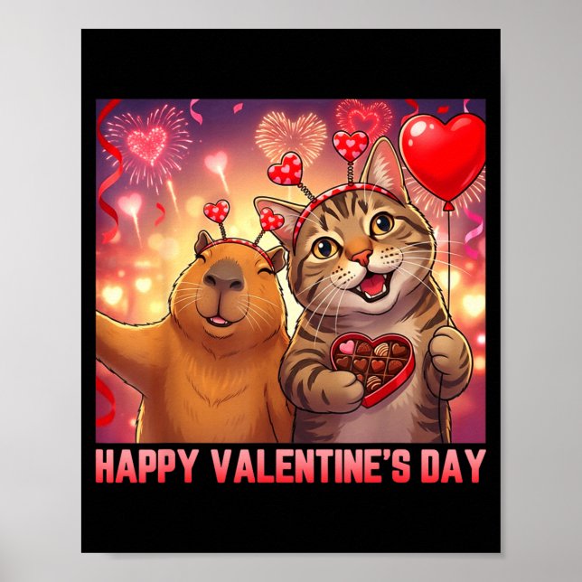 Poster Happy Valentines 2026 Cute Cat Capybara Party Art  (Devant)