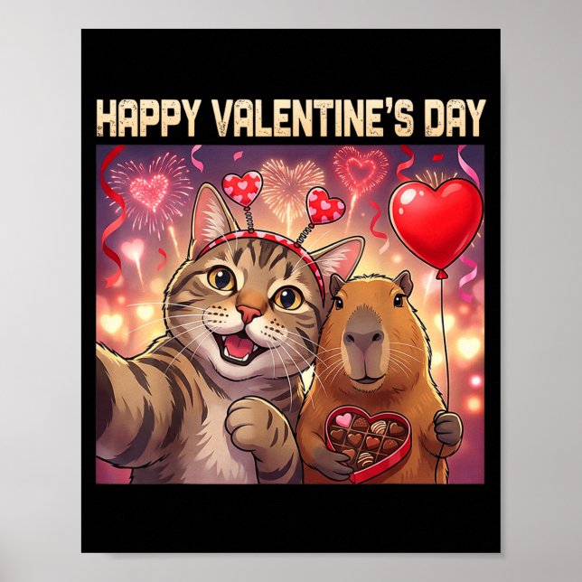 Poster Happy Valentines 2026 Cute Cat Capybara Party Art  (Devant)