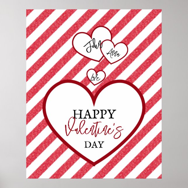 Poster Happy Valentine's Day Red Hearts Chalk Stripes (Devant)