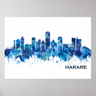 Poster Harare Zimbabwe Skyline Blue